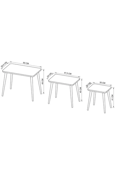 Dikdörtgen Zigon Sehpa 3'lü Set – Ahşap Ayaklı Modern Tasarım - 5