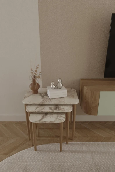 woodaria Kare Zigon Sehpa, 3lü Sehpa Seti, Zigon Sehpa,, Ahşap Ayaklı Zigon Sehpa - 3