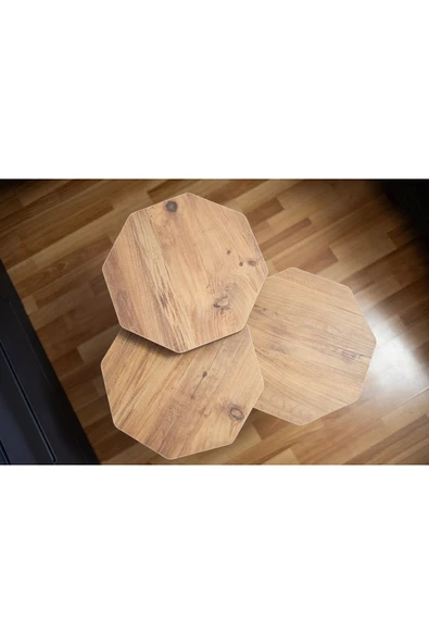 USTAELİ Oktagon Atlantik Çam Zigon Sehpa, Zigon Sehpa, Sekizgen Zigon Sehpa, 3lü Zigon Sehpa, Yan Sehpa - 6