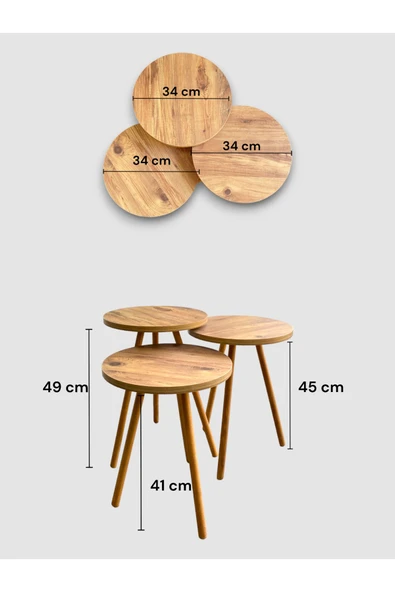 woodaria  Zigon Sehpa, 3lü Zigon Sehpa, Ahşap Ayaklı Zigon Sehpa, Kahve Masası - 6