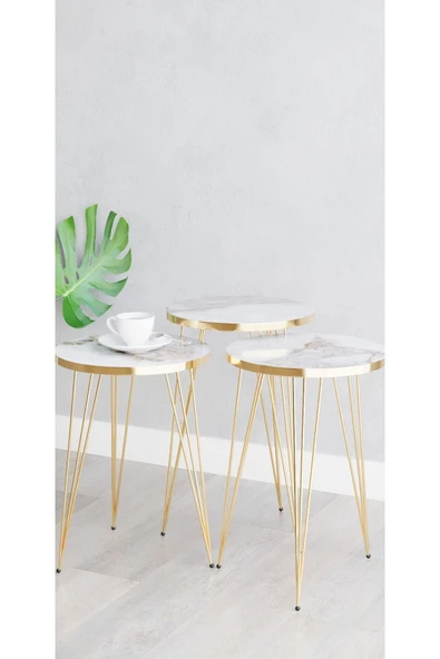 woodaria  Zigon Sehpa, Gold Tel Ayak Sehpa, Gold Zigon Sehpa, 3lü Zigon Sehpa, Gold Sehpa, Altın Rengi - 4
