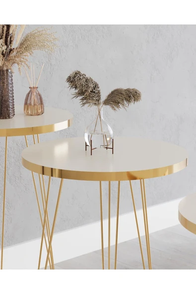 Zigon Sehpa, Gold Tel Ayak Sehpa, Gold Zigon Sehpa, 3lü Zigon Sehpa, Gold Sehpa, Altın Rengi - 4