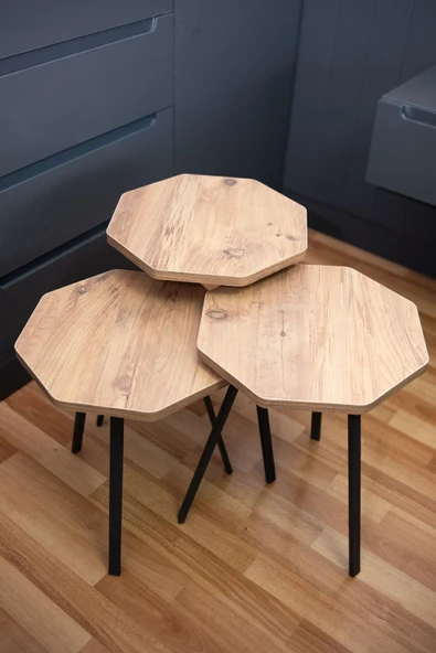 USTAELİ Oktagon Atlantik Çam Zigon Sehpa, Zigon Sehpa, Sekizgen Zigon Sehpa, 3lü Zigon Sehpa, Yan Sehpa - 5