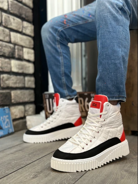 ET0811 Yüksek Taban Beyaz Paraşüt Kumaş Kırmızı Cilt Detaylı Erkek Ayakkabı - 2