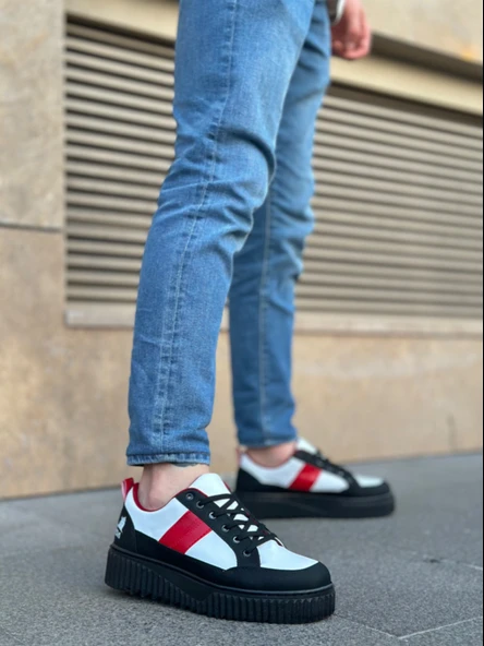 ET0804 Yüksek Siyah Taban Kırmızı Detaylı Bağcıklı Erkek Ayakkabı ürün görseli