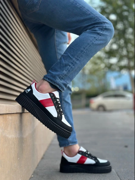 ET0804 Yüksek Siyah Taban Kırmızı Detaylı Bağcıklı Erkek Ayakkabı - Resim 2