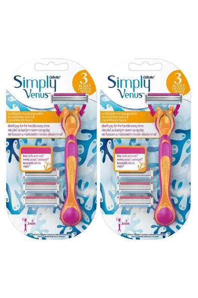 Gillette Venus Venüs Simply Venus 3 Tıraş Makinesi + 3 Yedek Tıraş Bıçağı X 2 Adet