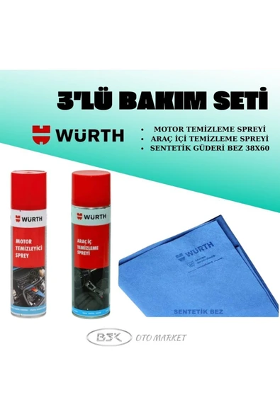 Würth WÜRTH 3 PARÇA BAKIM SETİ MOTOR TEMİZLEME SPREYİ+ARAÇ İÇİ TEMİZLEME SPREYİ+SENTETİK GÜDERİ BEZ 38X60 ürün görseli