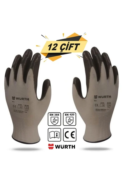 Würth Würth Nitril Kaplama Sanayi Iş Usta Eldiveni Teknisyen Mekanikçi Koruyucu Eldiven No:9/l (12 ÇİFT)