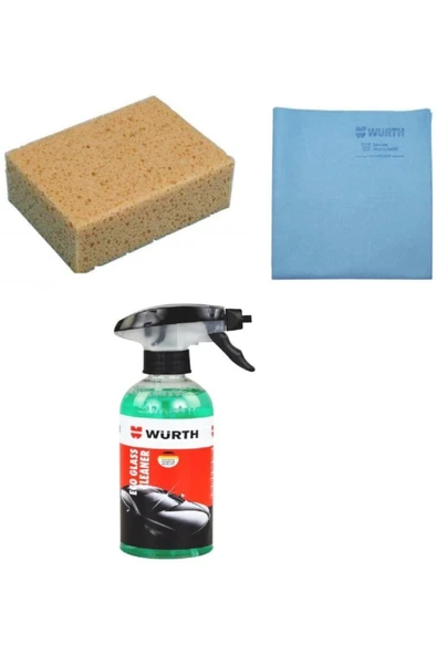 Würth Tvet 3 Lü Set Süngeri, Sentetik Güderi Bez, Cam Temizleyici Sprey 400 ml