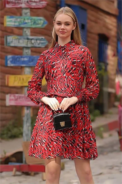 Dipmoda kadın kırmızı gipeli gömlek yaka mini şifon elbise RSSN23 - 2