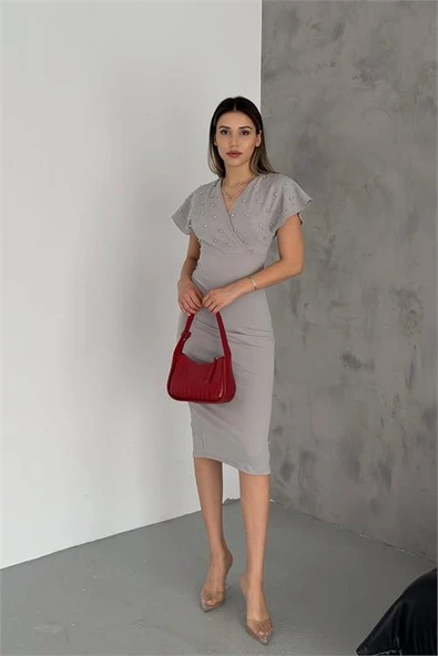 Dipmoda kadın gri inci detaylı likralı kalem elbise DPK2100 - Resim 2