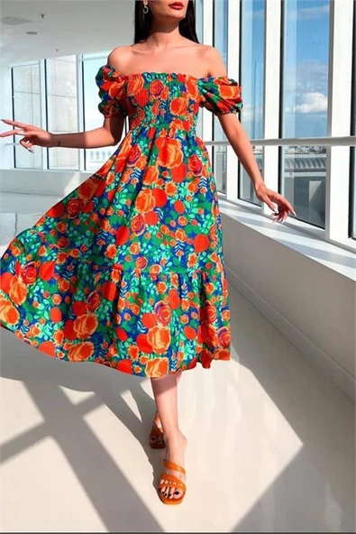 Dipmoda kadın poplin desenli kare yaka gipeli elbise DPG011 - Resim 2