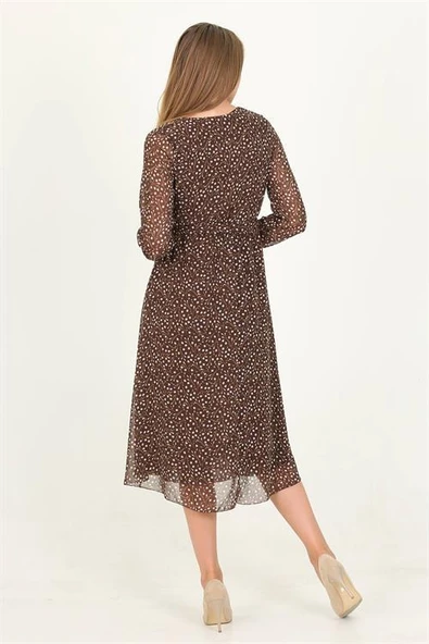 Dipmoda kadın kahverengi düğme ve bağlama detaylı V-yaka şifon elbise RSSN10 - Resim 5