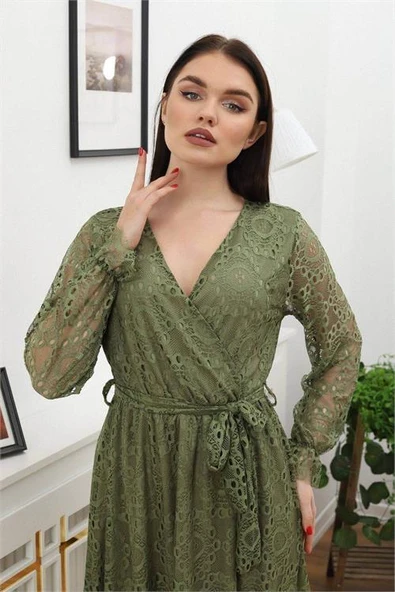 Dipmoda kadın bağlama detaylı dantel elbise RSSN619 - Haki - Resim 4