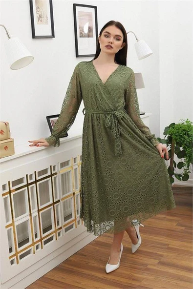 Dipmoda kadın bağlama detaylı dantel elbise RSSN619 - Haki - Resim 2