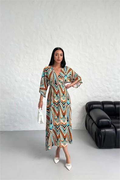 Dipmoda kadın düşük kol desenli viskonk elbise DPG021 - Resim 3