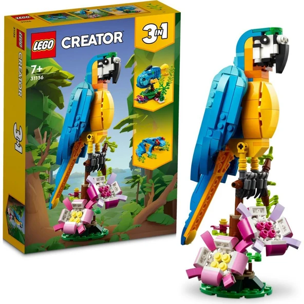 LEGO® Creator Egzotik Papağan 31136 - 7 Yaş ve Üzeri Çocuklar için Papağan, Balık ve Kurbağa Modelleri İçeren Yaratıcı Oyuncak Yapım Seti (253 Parça)
