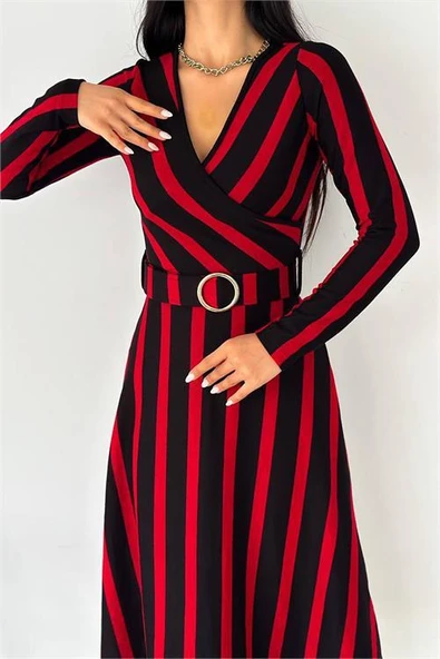 Dipmoda kadın kemerli midi boy çizgili elbise KKLF48 - Resim 3