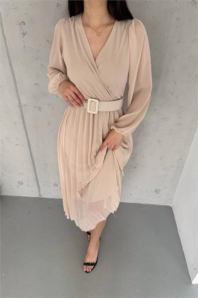 Dipmoda kadın piliseli kruvaze yaka kemerli şifon elbise DPK2113 - Resim 2