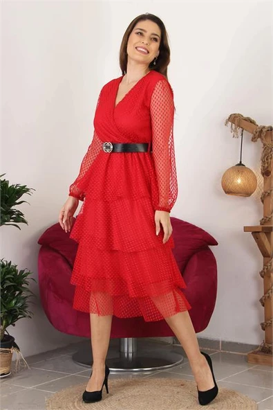 Dipmoda kadın kemerli eteği kat kat yeni sezon tül elbise DP10006 ürün görseli
