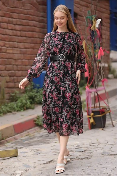 Dipmoda kadın kırmızı kemerli yakası büzgülü uzun şifon elbise DPRSSN27 - Resim 2