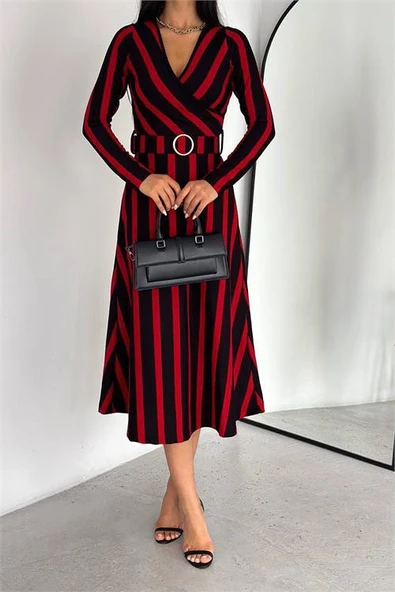 Dipmoda kadın kemerli midi boy çizgili elbise KKLF48 - Resim 4