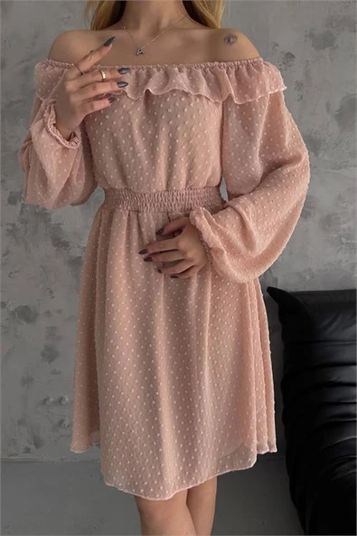 Dipmoda kadın camel madonna yaka mini ponpon şifon elbise DPK2057