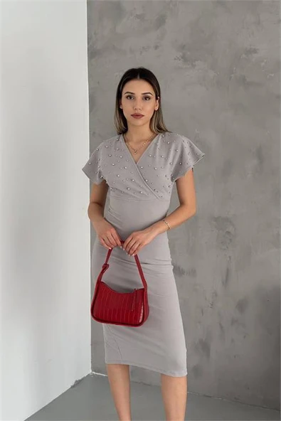 Dipmoda kadın gri inci detaylı likralı kalem elbise DPK2100 - Resim 3