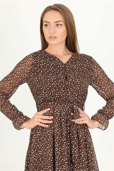 Dipmoda kadın kahverengi düğme ve bağlama detaylı V-yaka şifon elbise RSSN10 - Resim 4