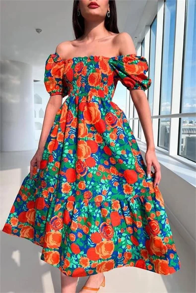 Dipmoda kadın poplin desenli kare yaka gipeli elbise DPG011 - Resim 3