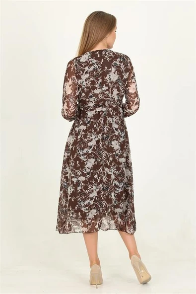 Dipmoda kadın kahverengi desenli midi boy şifon elbise DPRSSN15 - Resim 6