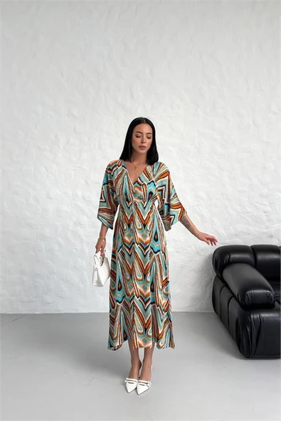 Dipmoda kadın düşük kol desenli viskonk elbise DPG021 - Resim 2