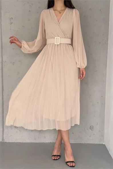 Dipmoda kadın piliseli kruvaze yaka kemerli şifon elbise DPK2113 - Resim 3