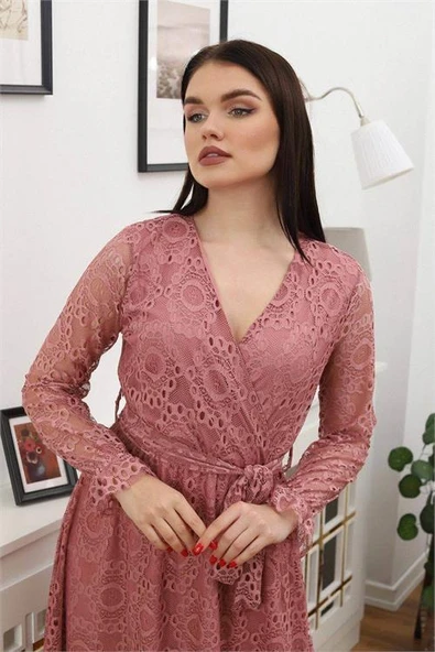 Dipmoda kadın bağlama detaylı dantel elbise RSSN619 - Gül kurusu - Resim 4