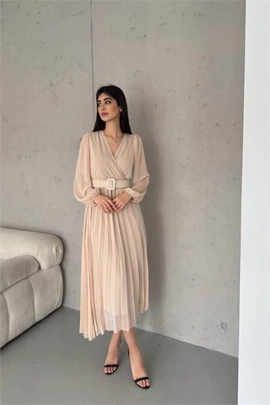 Dipmoda kadın piliseli kruvaze yaka kemerli şifon elbise DPK2113 ürün görseli