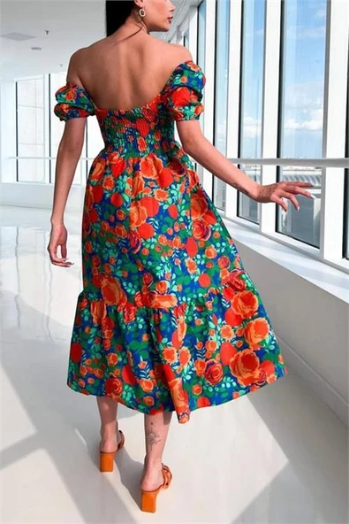 Dipmoda kadın poplin desenli kare yaka gipeli elbise DPG011 - Resim 4