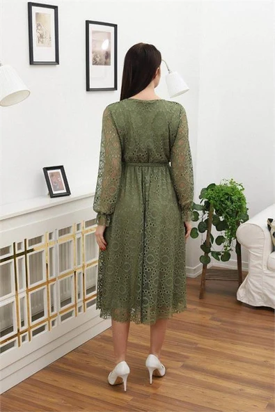 Dipmoda kadın bağlama detaylı dantel elbise RSSN619 - Haki - Resim 5