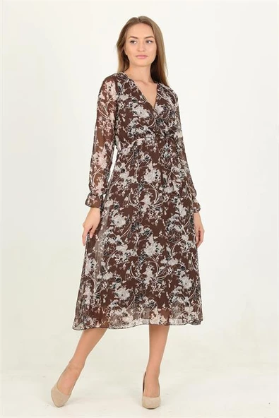 Dipmoda kadın kahverengi desenli midi boy şifon elbise DPRSSN15 - Resim 3