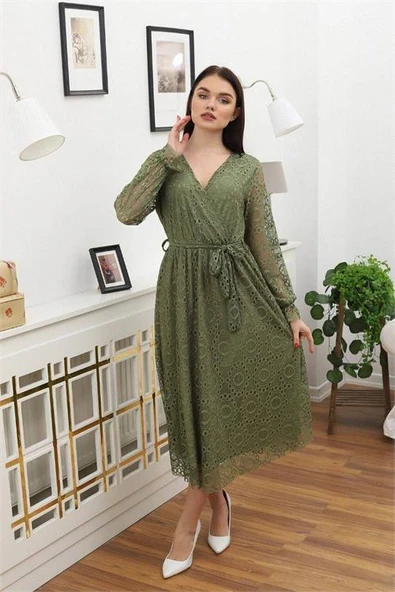 Dipmoda kadın bağlama detaylı dantel elbise RSSN619 - Haki - Resim 3