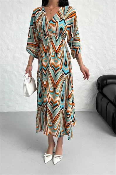 Dipmoda kadın düşük kol desenli viskonk elbise DPG021 - Resim 5