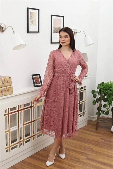 Dipmoda kadın bağlama detaylı dantel elbise RSSN619 - Gül kurusu - Resim 3