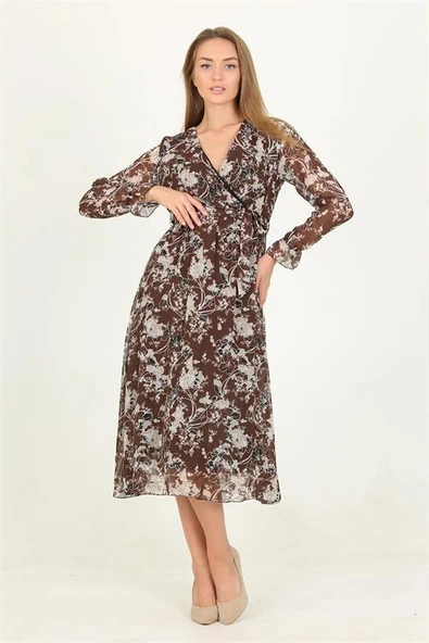 Dipmoda kadın kahverengi desenli midi boy şifon elbise DPRSSN15 ürün görseli 1