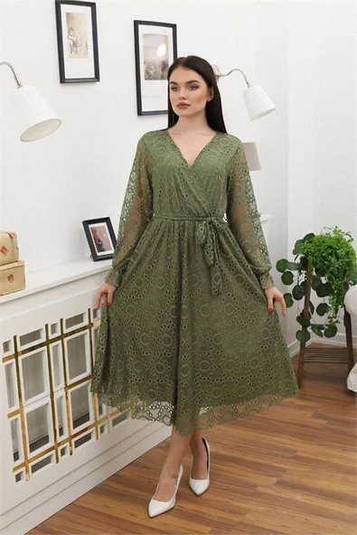 Dipmoda kadın bağlama detaylı dantel elbise RSSN619 - Haki ürün görseli 1