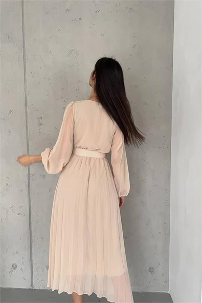 Dipmoda kadın piliseli kruvaze yaka kemerli şifon elbise DPK2113 - Resim 4