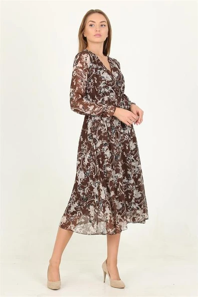 Dipmoda kadın kahverengi desenli midi boy şifon elbise DPRSSN15 - Resim 2