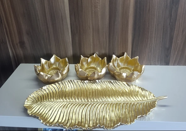 kırılmaz polyester,3lü mumluk sarı renk biblo - Resim 12