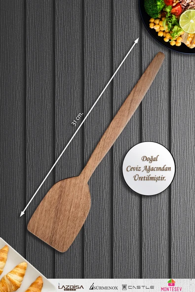 Doğal Ceviz Ağacı Ahşap Tahta Kaşık Spatula Seti Ağaç Kaşık (2li Set) A3 - Resim 2