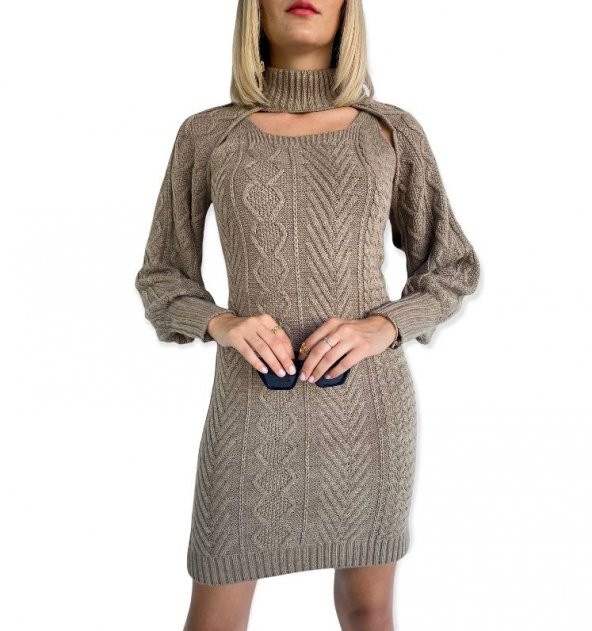 Kadın Bej Rengi İkili Triko Elbise