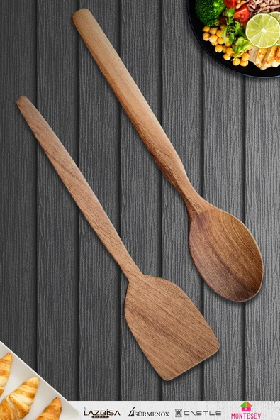 Doğal Ceviz Ağacı Ahşap Tahta Kaşık Spatula Seti Ağaç Kaşık (2li Set) A3 ürün görseli